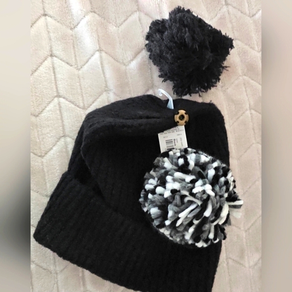 Detachable or Interchangeable Two Pom Beanie Cuffed Winter Knit Hat in Black - Picture 5 of 8